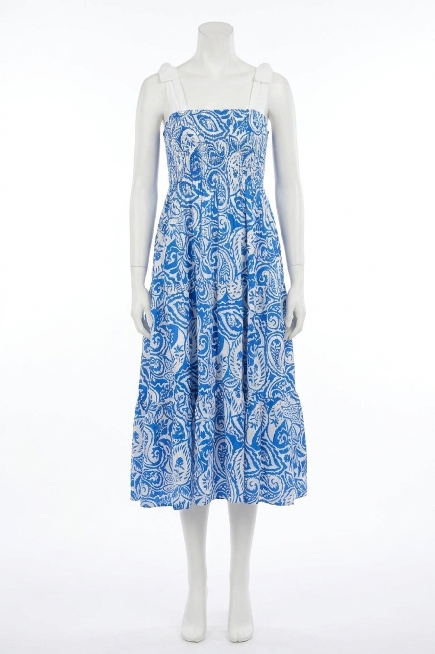 NEW MEET ME IN SANTORINI athena paisley tie strap midi dress in blue